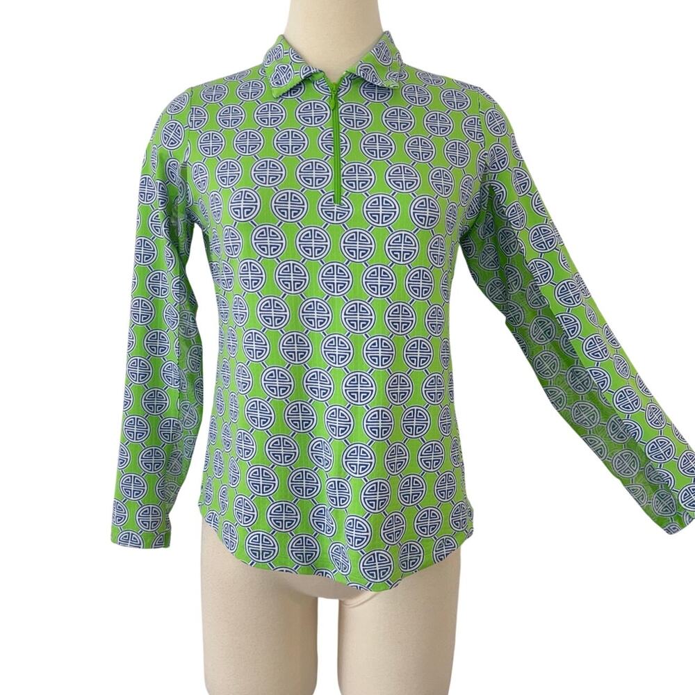 IBKUL Aida Quarter Zip Golf Top Sweatshirt Long Sleeve Medallion Green Navy S